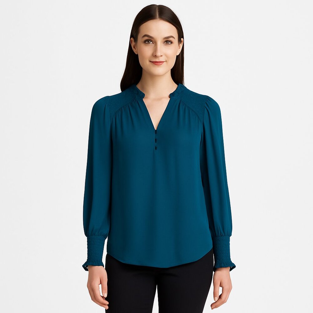 Tahari ASL Smocked Cuff Split Neck Long Sleeve Chiffon Blouse Dark Teal S
